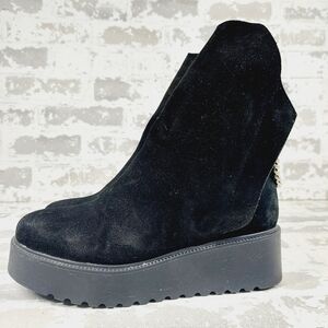 Prune Black Suede Leather Chain Detail Slip On Platform Ankle Boots H939
